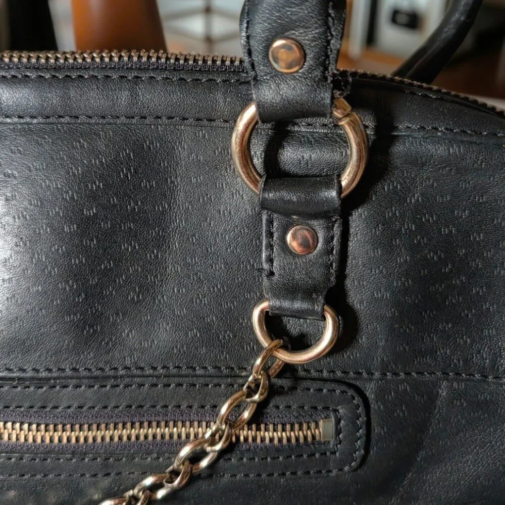 Jones New York Black Leather Satchel Bag Silver Chain Detail Y2K Medium